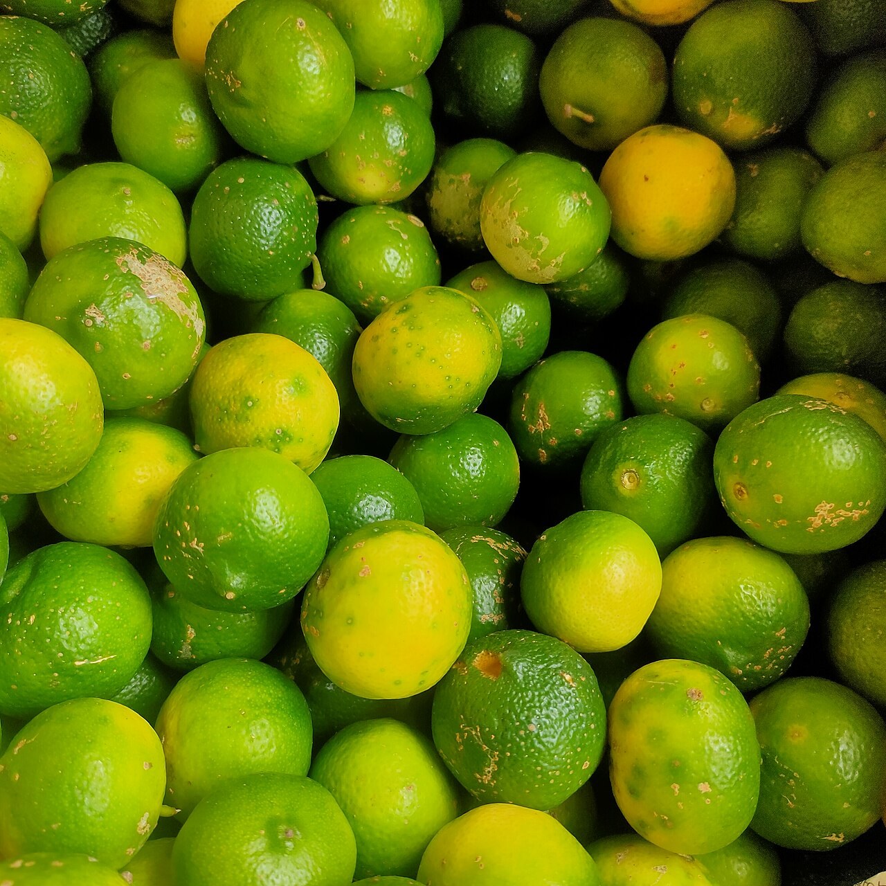 A pile of green and yellow-green limes at a market.