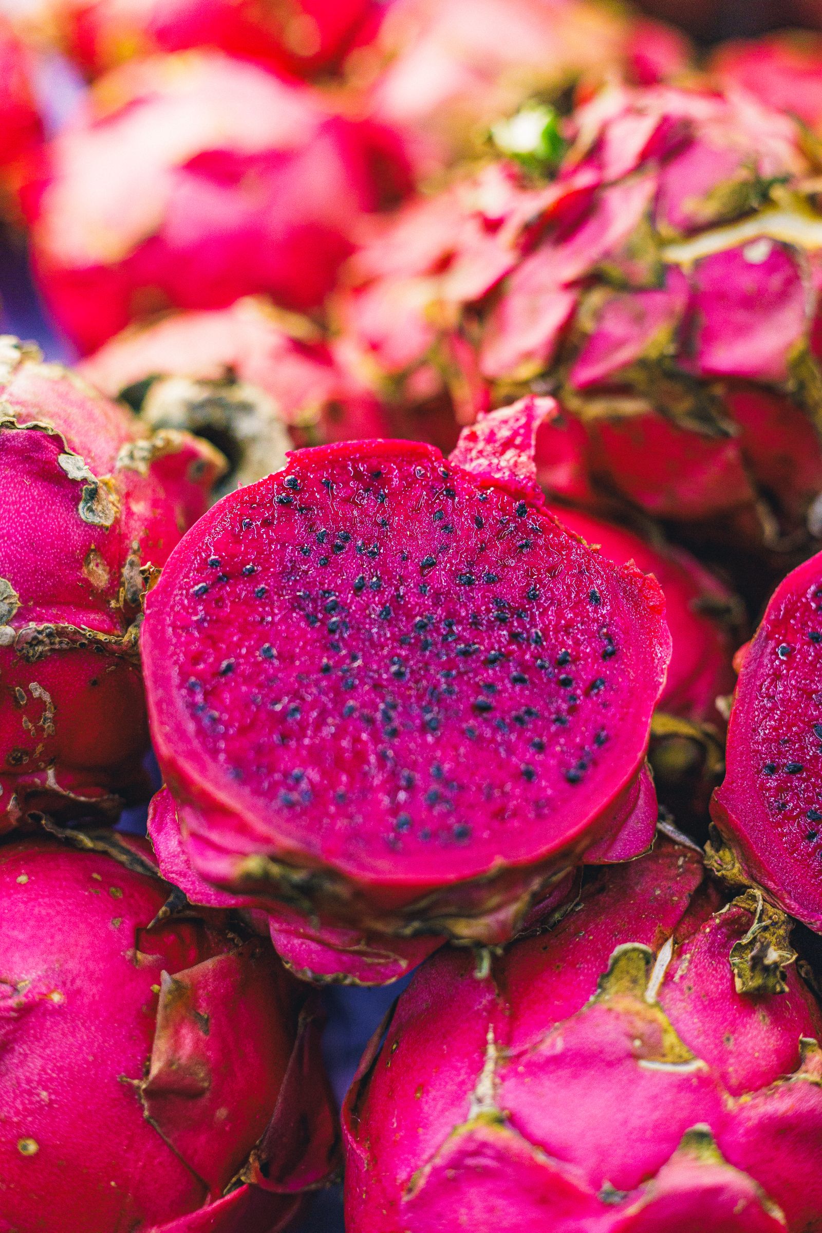 Close-up of sliced red-fleshed dragon fruit