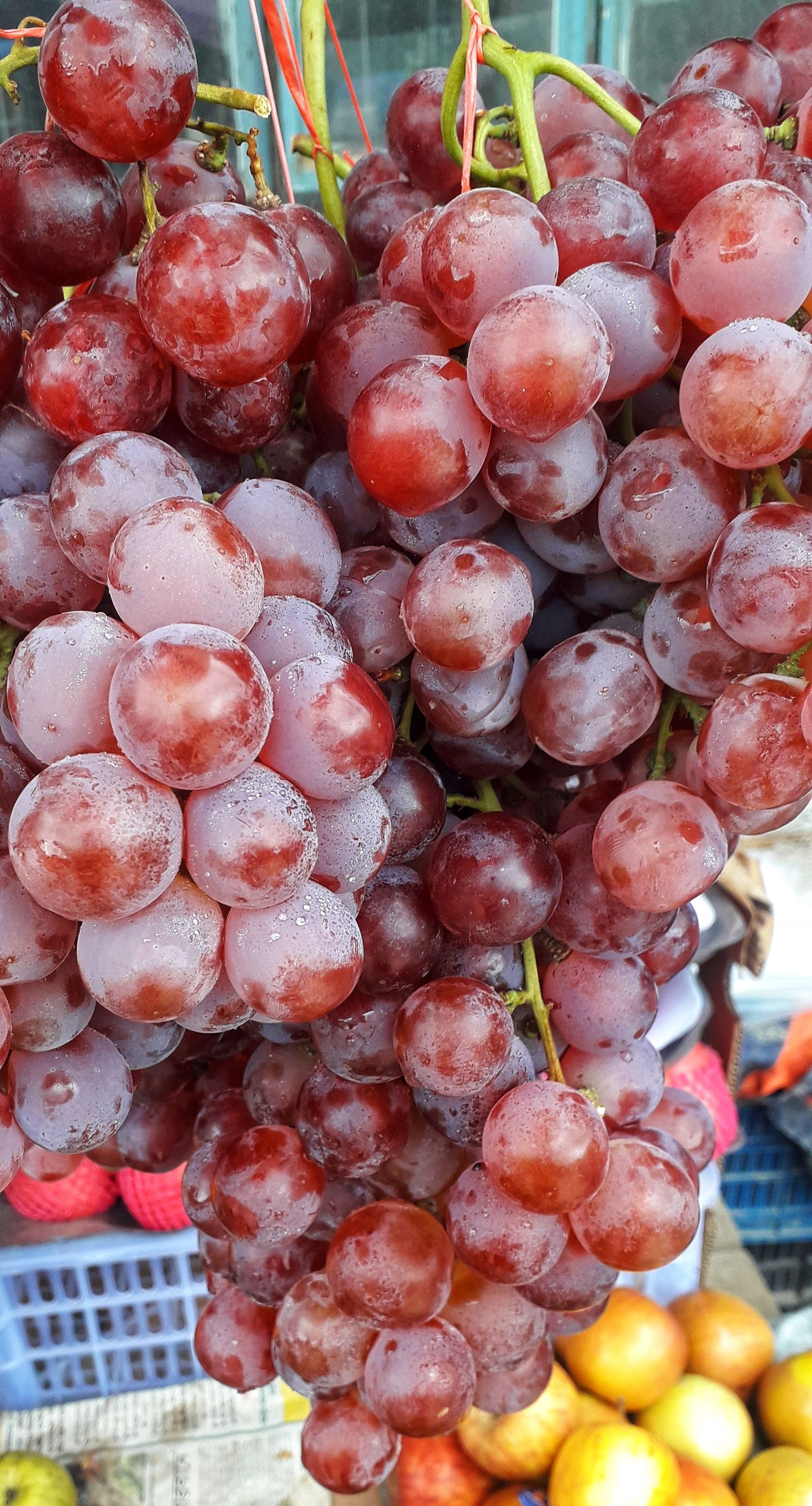 Bunches of red grapes displayed at a produce market