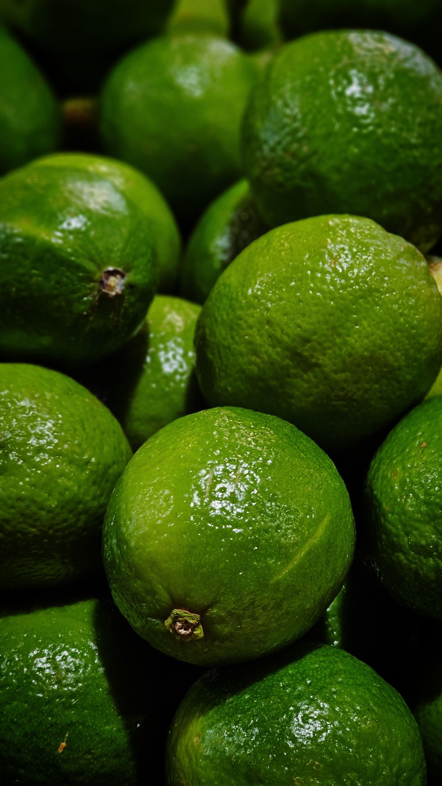 Close-up of fresh dark green limes.