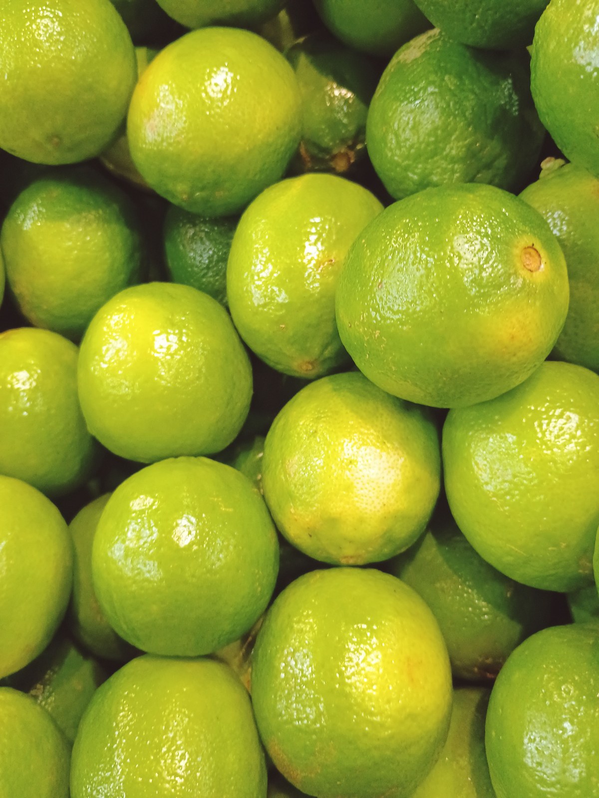 Fresh green limes in a dense fruit display.