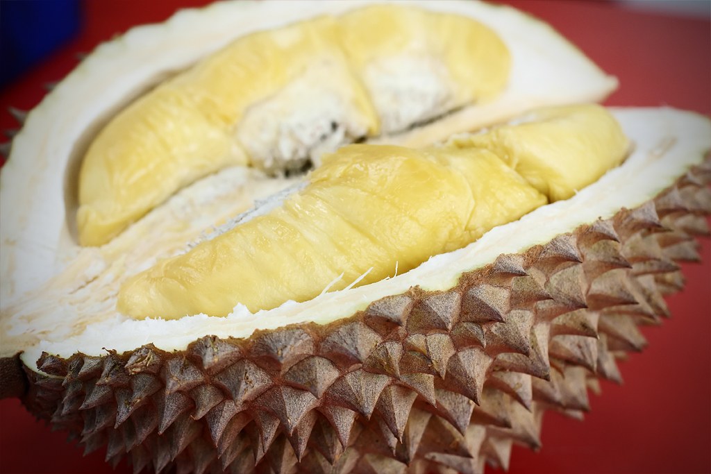 Opened Musang King/Mao Shan Wang durian; source identifies a Singapore seller, not growing origin.