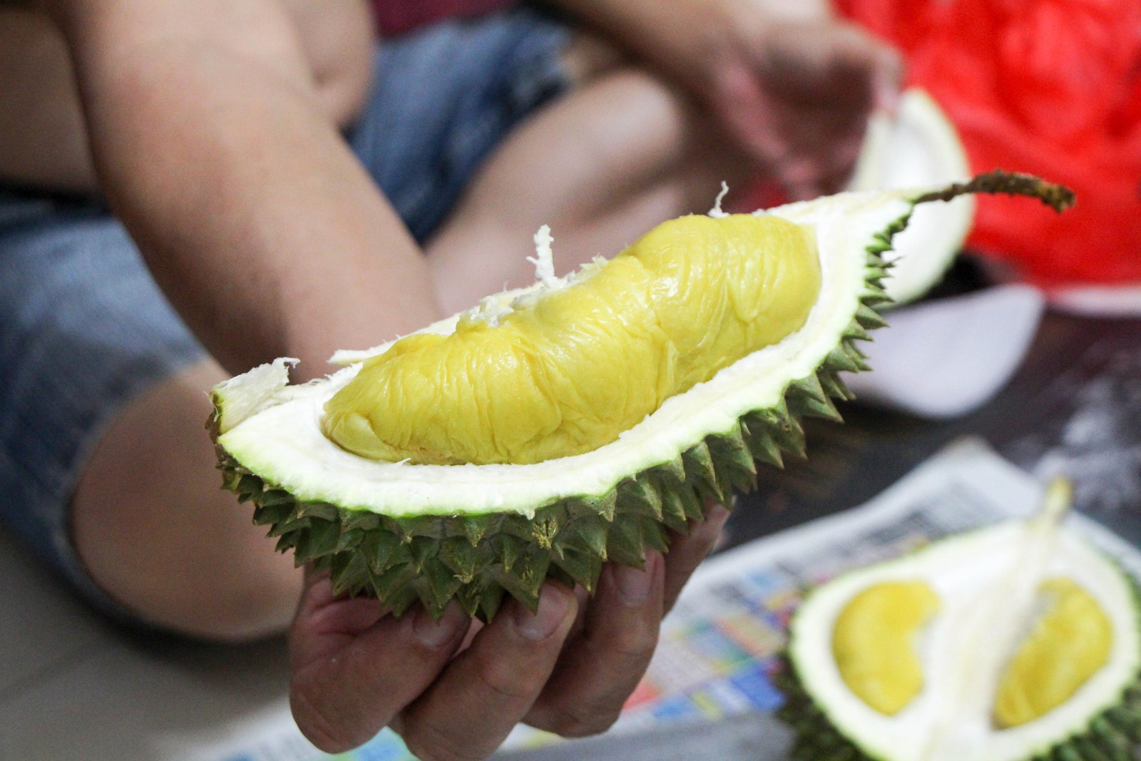 A hand holds an open durian section filled with golden flesh.