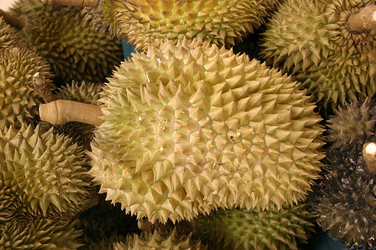 市场上堆放的整颗榴莲近景。