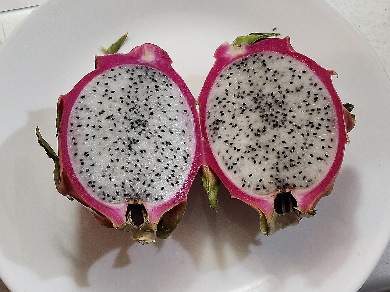 White dragon fruit halves arranged on a plain white plate.