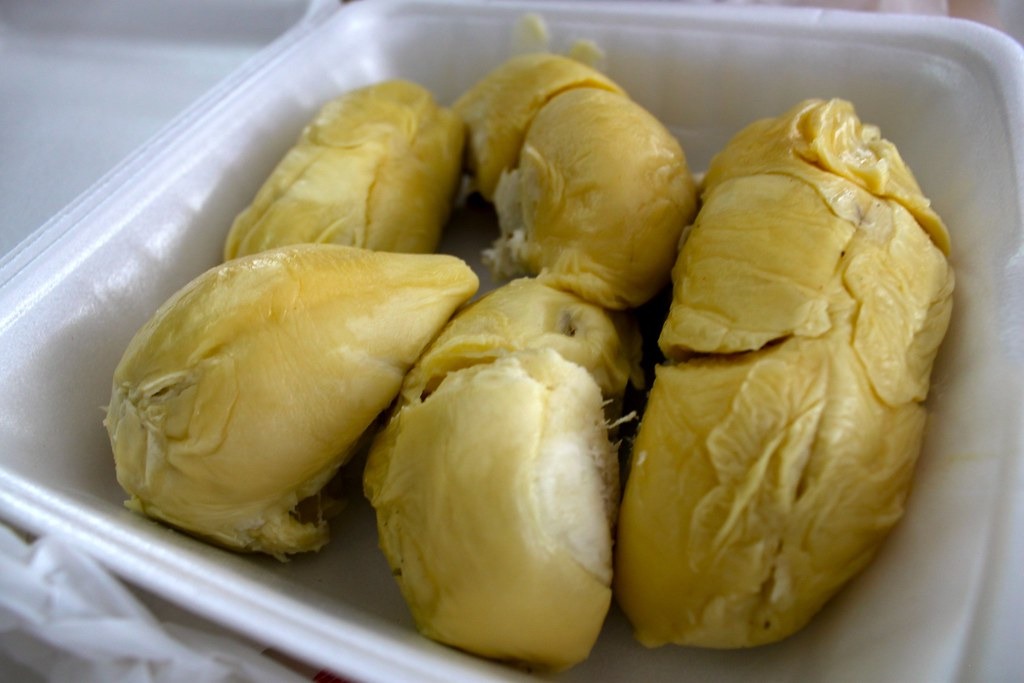 Yellow durian flesh arranged in a white tray.