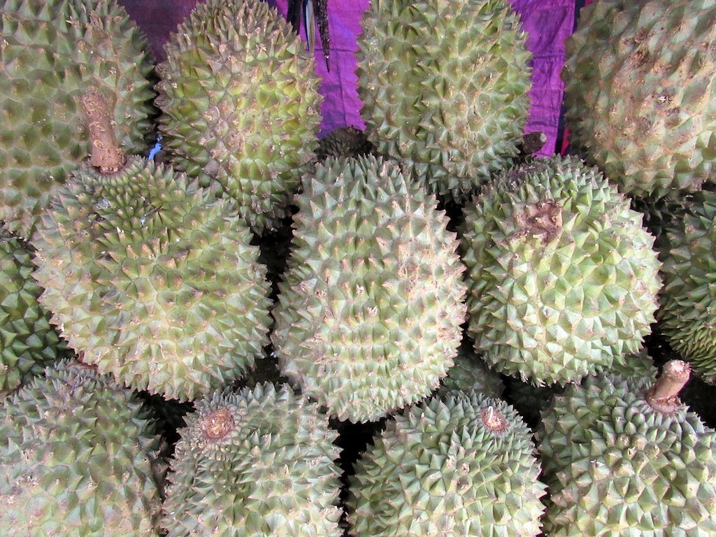 Đống sầu riêng nguyên trái có vỏ xanh và gai nhọn.